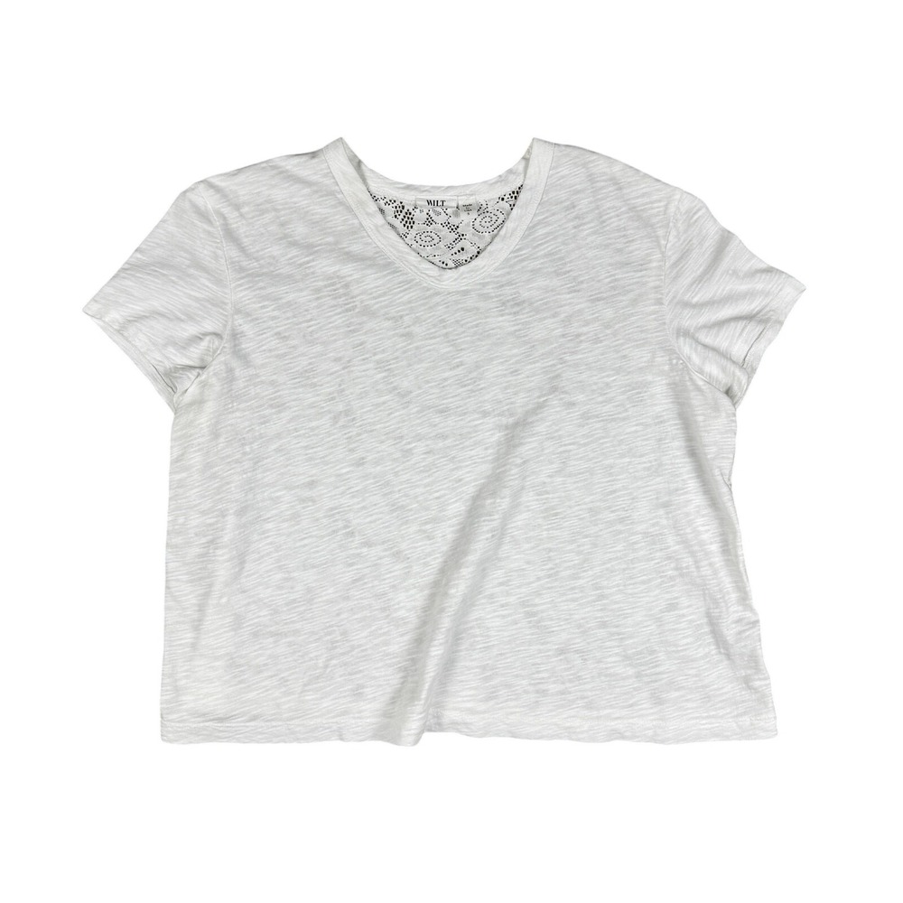 Wilt Women's Small White Crew Crop Boxy Slub Tee Lace Back Top Made in USA
